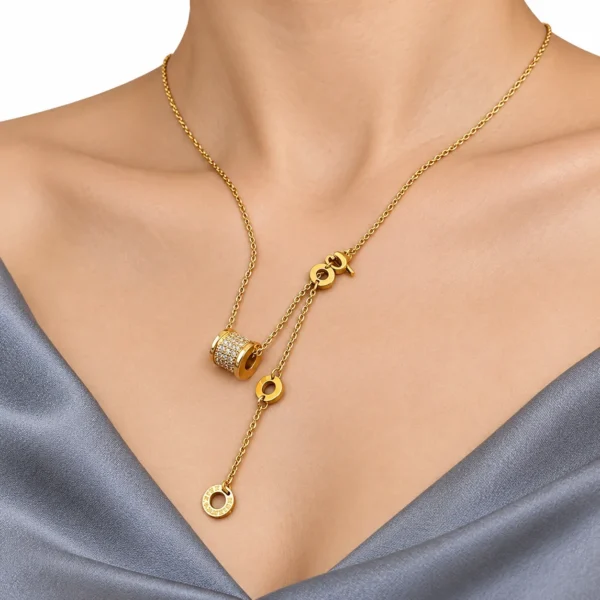 Y-Drop Necklace with Crystal Barrel Ring Charms