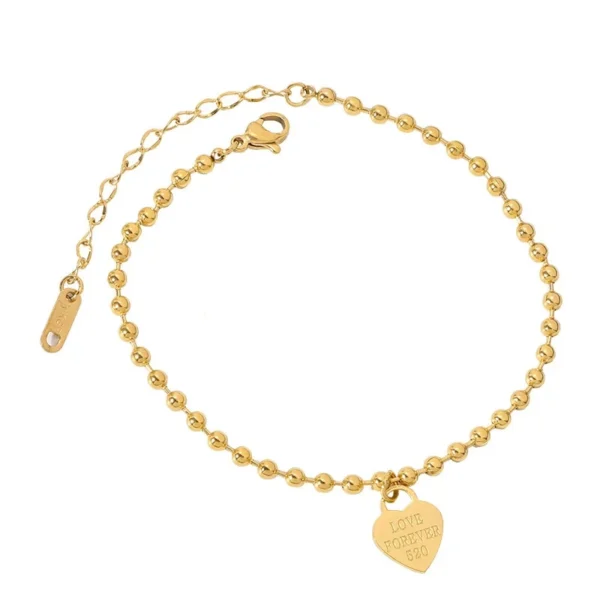 Engraved Heart and Bead Chain Anklet