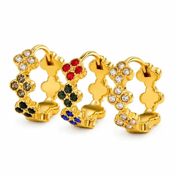 Hoop Earrings Triple Clover Round Stones