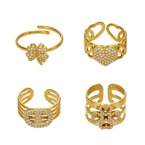 Open Ring, Pavé Heart Flower Clover