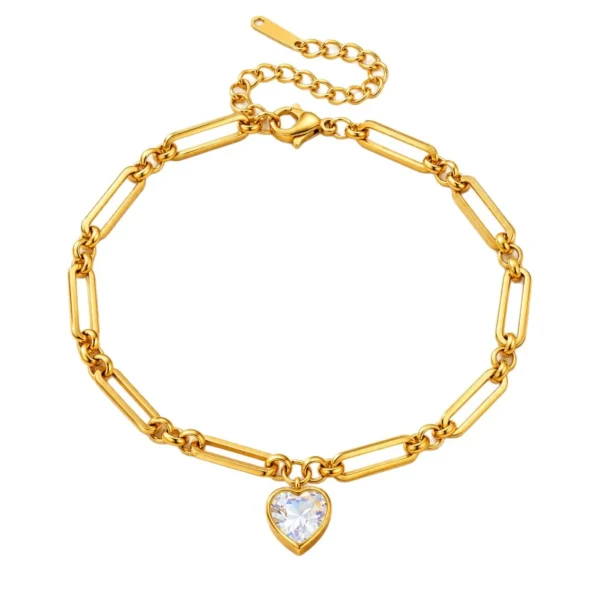Bracelet with Heart-Cut CZ & Paperclip Chain