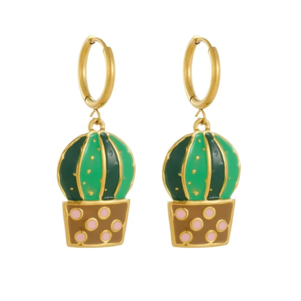 Green Cactus Pot Hoop Earrings
