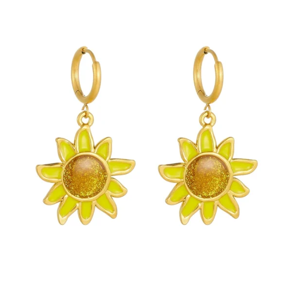 Sunflower Yellow Enamel Drop Hoop Earrings