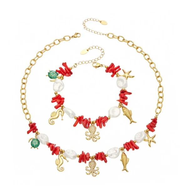 Red Bead & Sea Charm Necklace or Bracelet