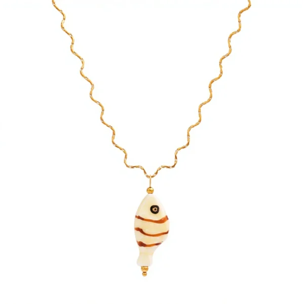 Ceramic Fish Pendant Necklace, Wavy Chain
