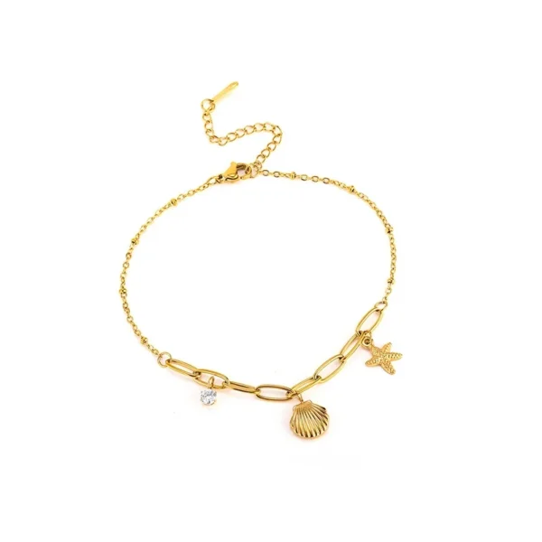 Ribbed Shell, Starfish & Clear Crystal Anklet