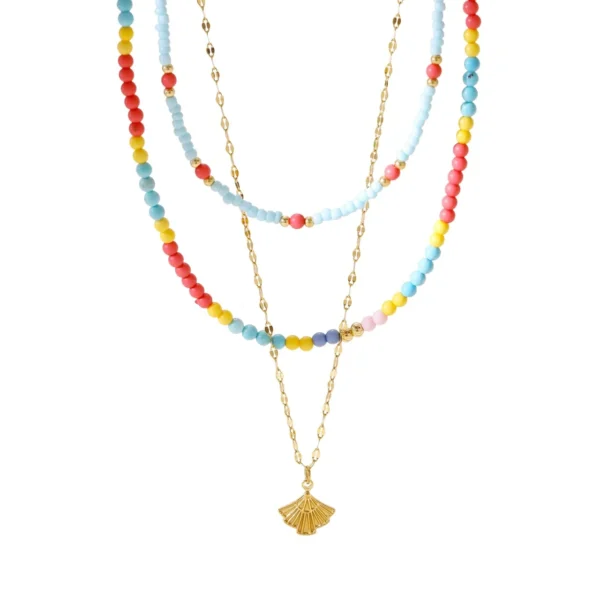 Layered Bead Necklace with Fan Pendant