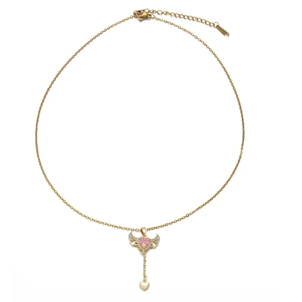 Angel Wing Heart Drop Necklace with Pink CZ