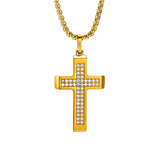 Raised Edge Pavé Cross Pendant Necklace