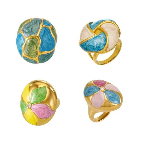 Marbled Enamel Panels Statement Ring
