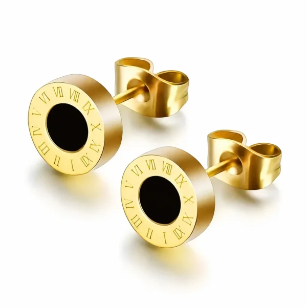 Stud Earrings Roman Numeral Black Enamel
