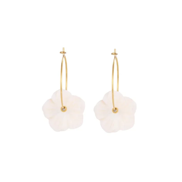Flower Hoop Earrings, Carved White Drop