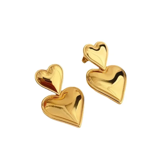 Heart Drop Stud Earrings, Double-Heart