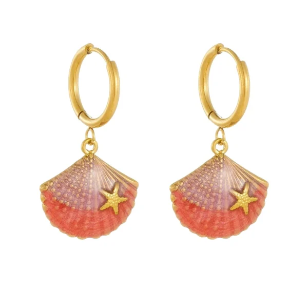 Pink Shell & Starfish Drop Hoop Earrings