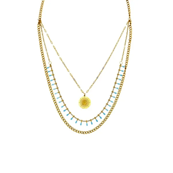 Layered Necklace Sunburst Coin & Blue Drops